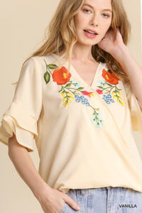 Floral Embroidered Ruffle Sleeve Crossbody Top